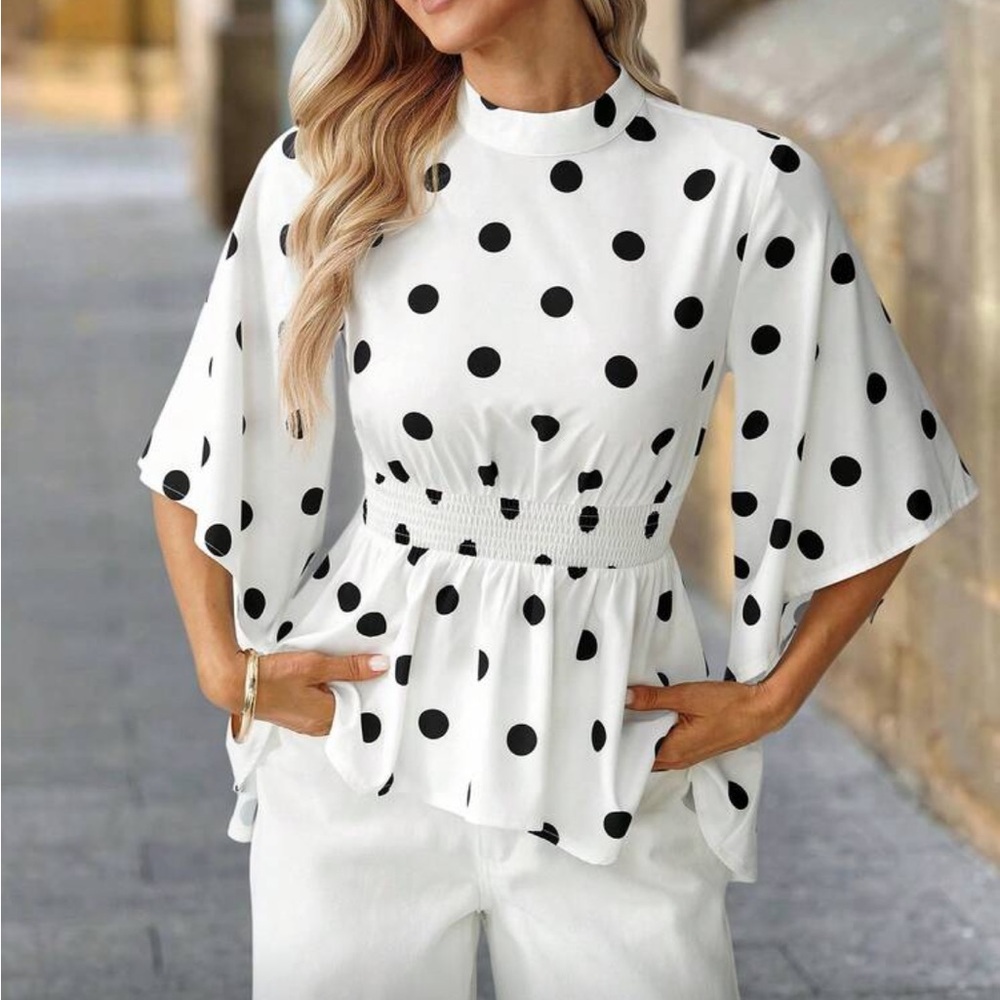 Classic Polka Dot Ruffle Hem Smocked Waisted Flare Sleeve Top Blouse Shirt